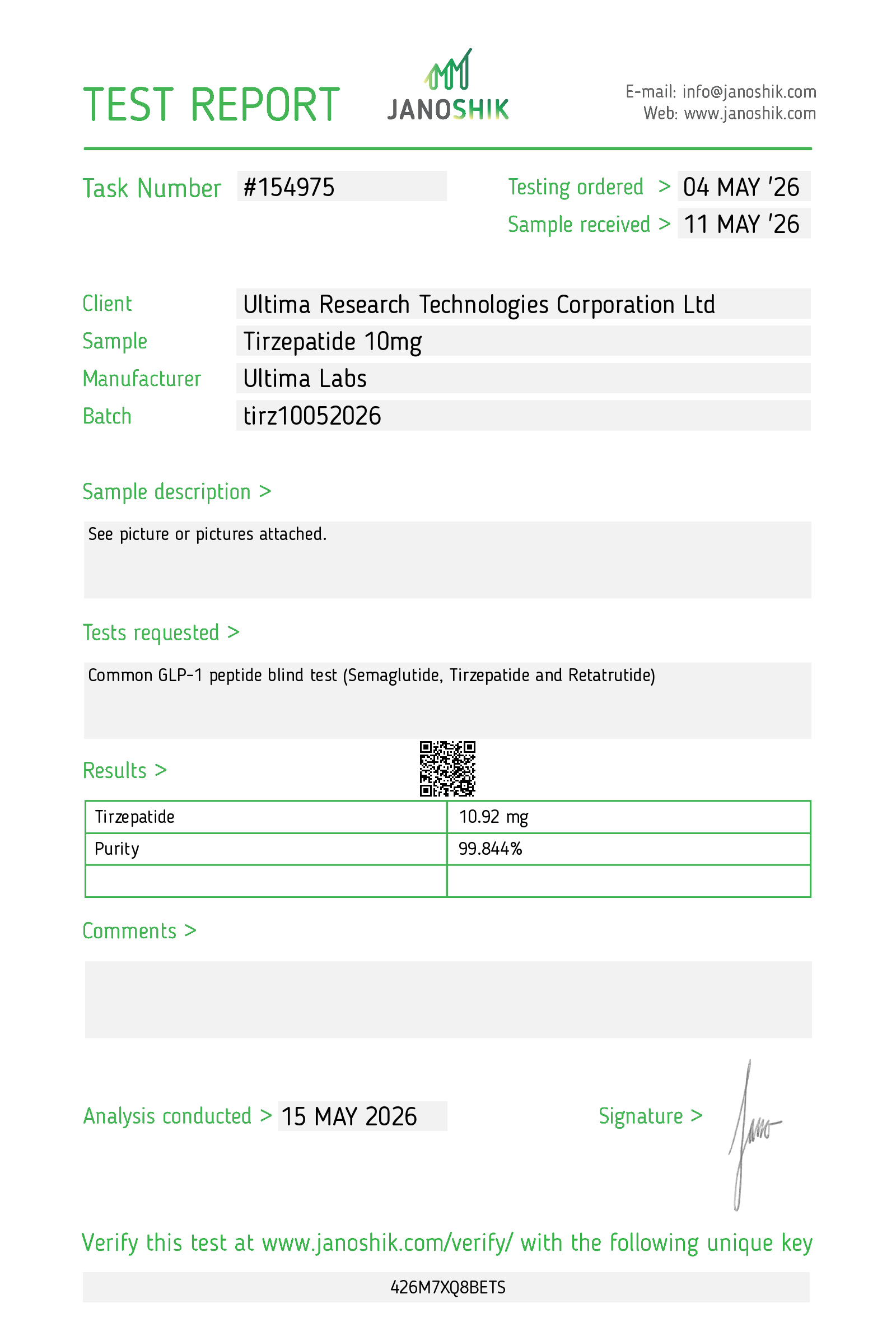 Certificate of Analysis - TIRZEPATIDE 10MG
